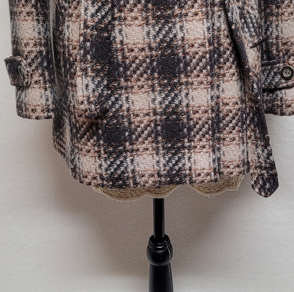 DKNY Retro Y2K Brown Plaid Tweed Double Breasted Belted Midi Peacoat Trench Coat - Picture 5 of 13